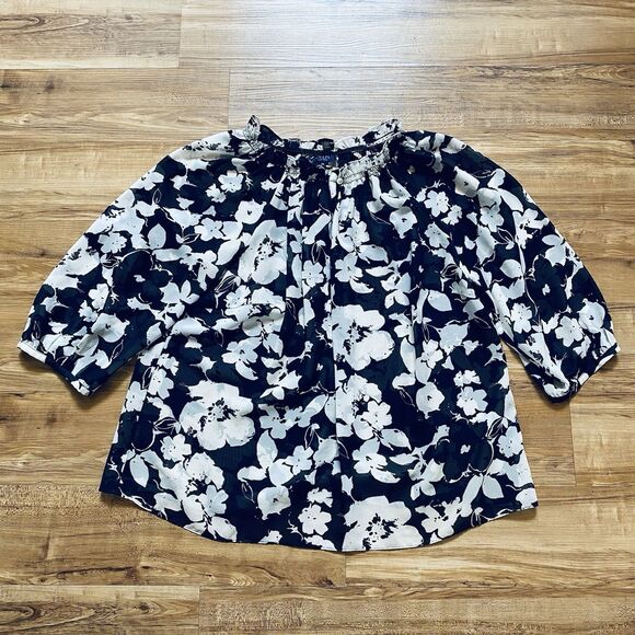 CHAPS 2X Women’s Navy White Floral Sheer Peasant Cottagecore Chic Beachy Blouse - Picture 10 of 15